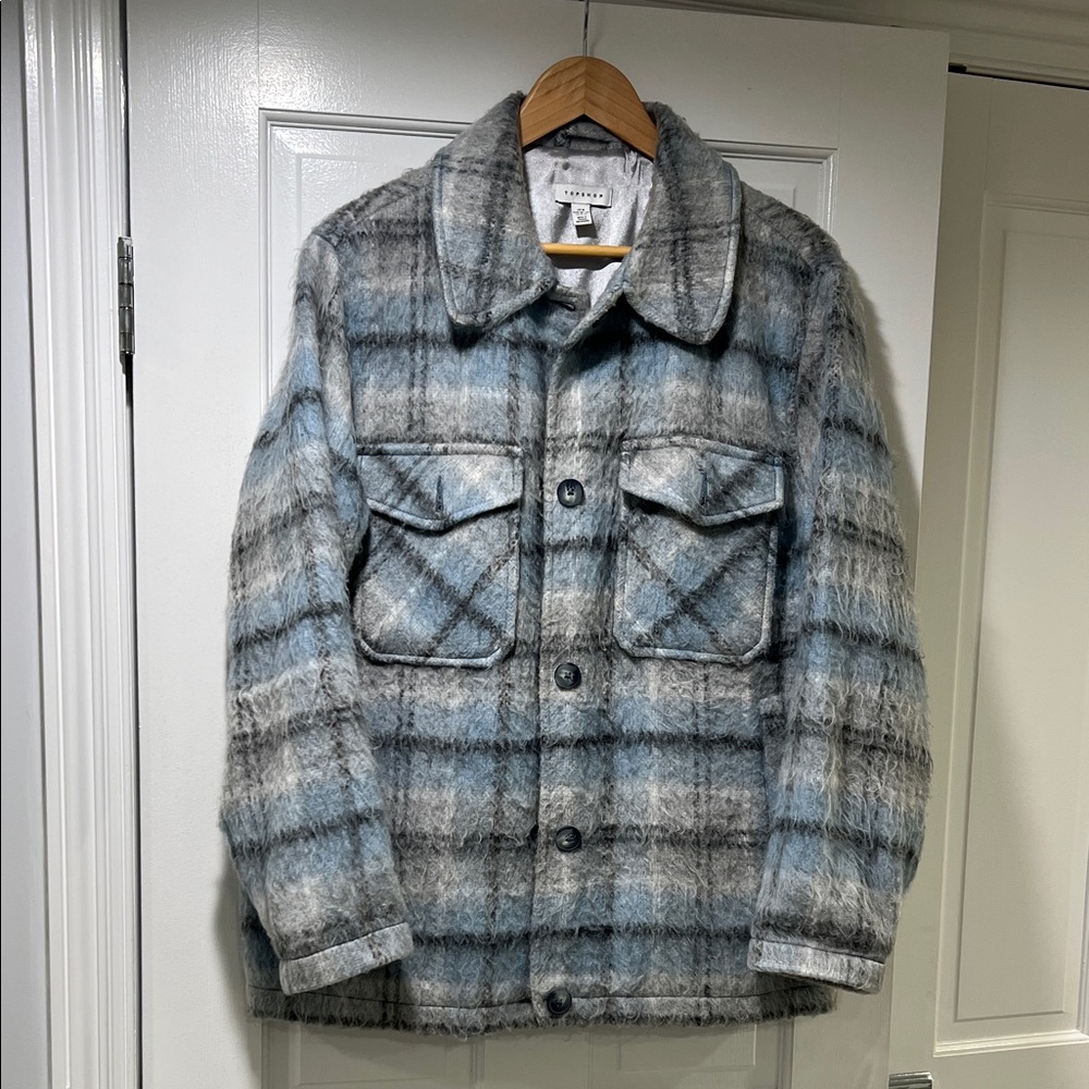 Topshop Women's Plaid Shacket Jacket - Light Blue & Gray